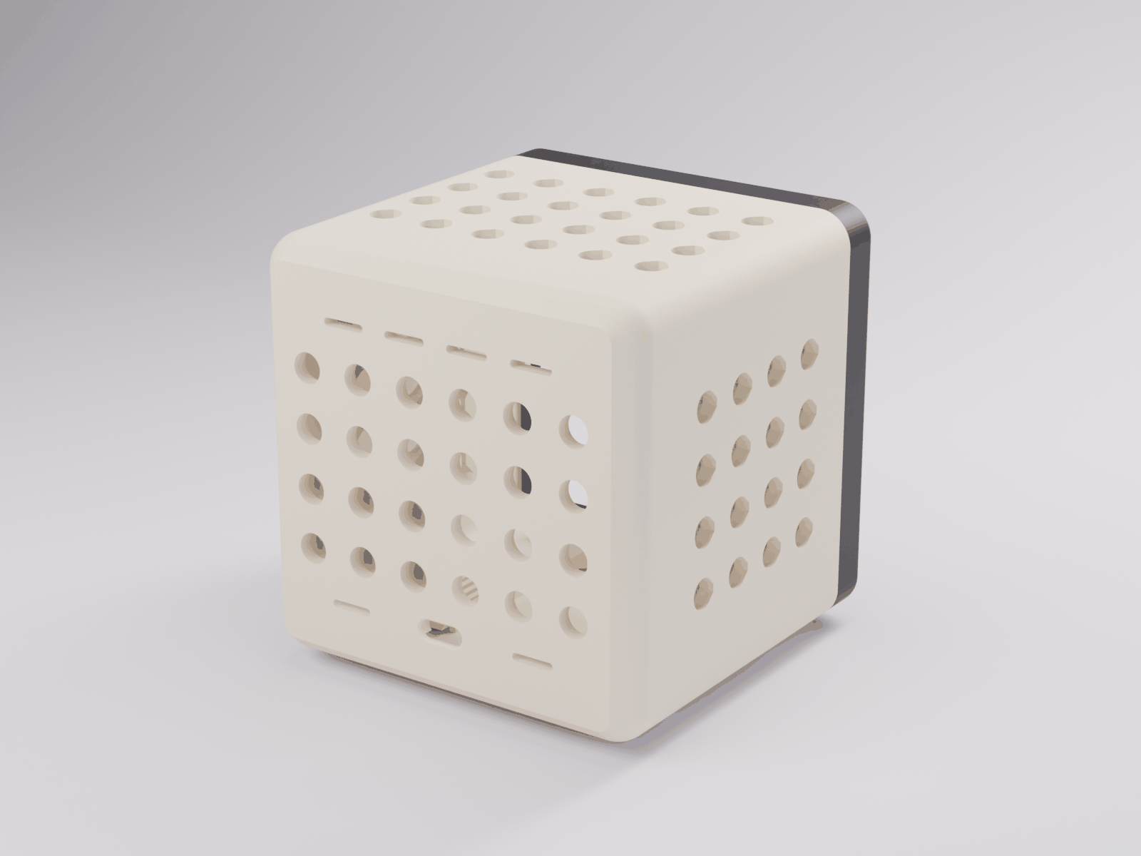 Hollo cube render: the back of the cube, showing the socket grid and the USB-C port