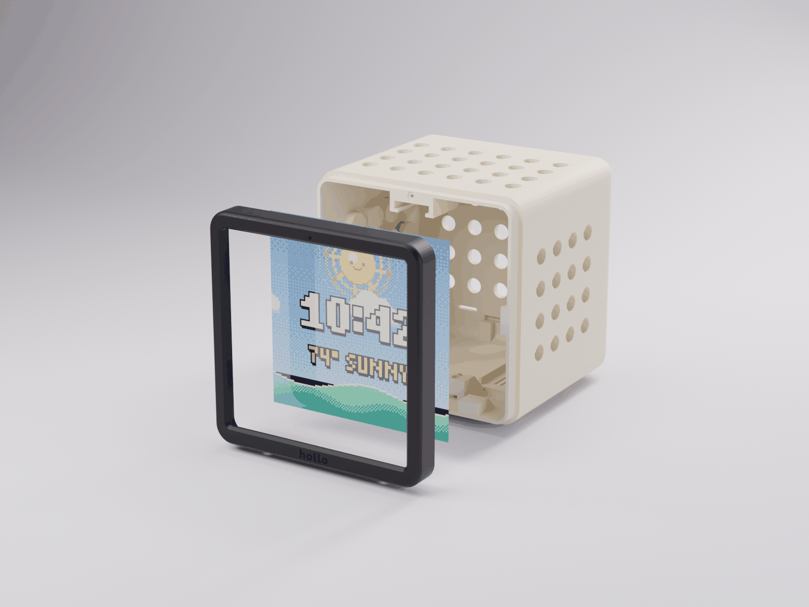 Hollo cube render, exploded: the front bezel and screen pulled forward from the shell