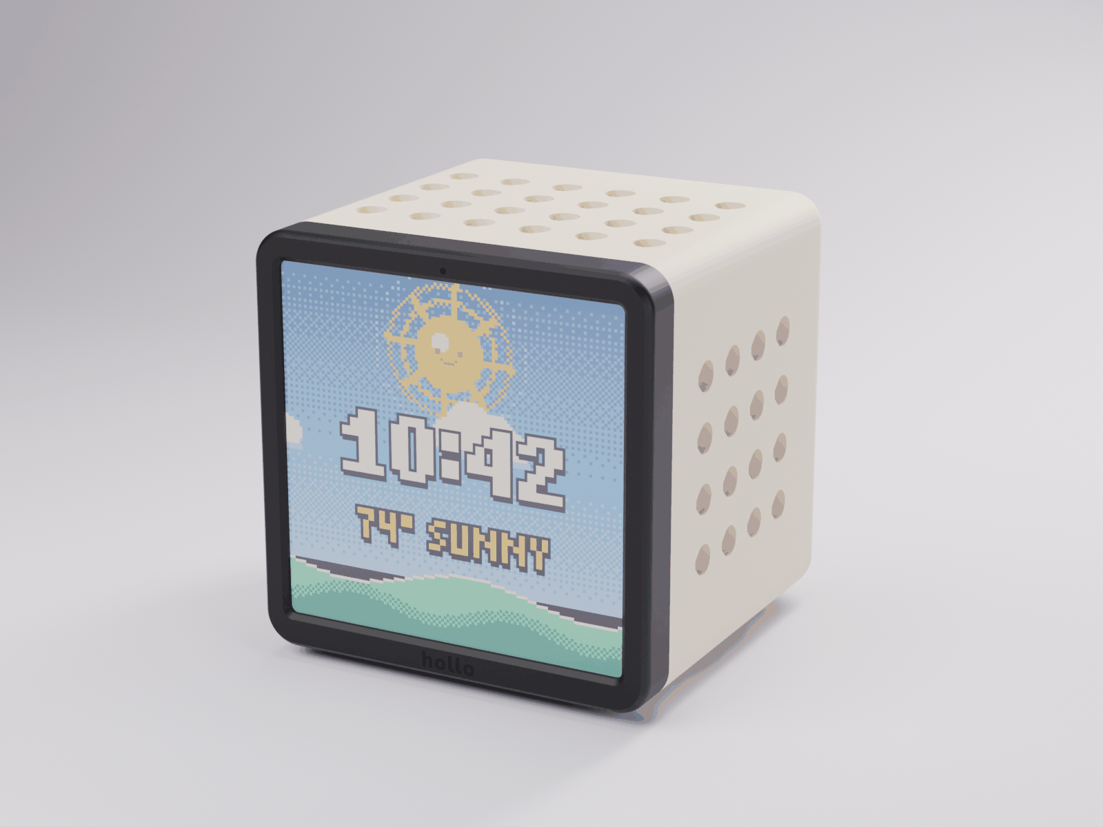 Hollo cube render: a cream cube with a black front bezel, showing a sunny pixel-art weather screen