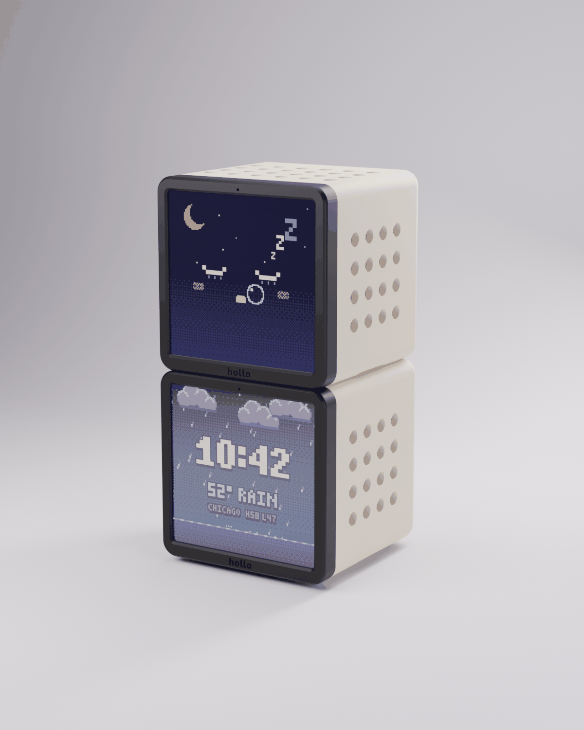 Hollo cube render: two cubes stacked, the top showing a sleeping face and the bottom a rainy weather screen